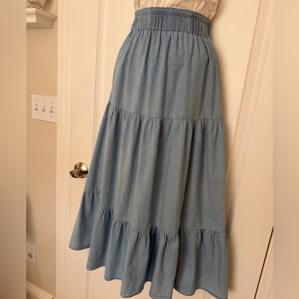 Tronjori Light Blue Chambray Denim Tiered Ankle Maxi Western Prairie Skirt, M - Picture 4 of 13